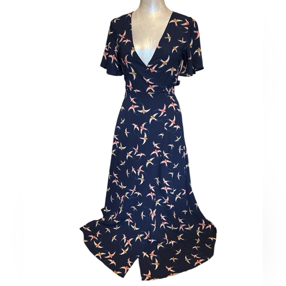 Like New Navy Wrap Maxi Dress Birds Design Short Sleeves Flowy Summer Size XS